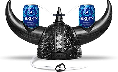 BLKSMITH Viking Drinking Helmet Guzzler, 2 Beer Soda Can Holders| Funny Cap Sport Events, Parties, Games | Adjustable Fits 16" - 24" Heads (Black)