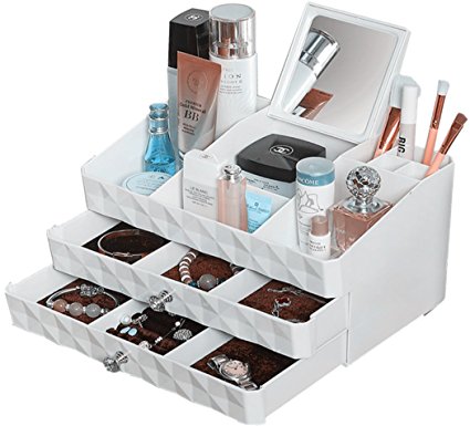 MaxKim  Makeup Jewelry Organizer 2 Drawer with 15 Compartments and mirror  for  Cosmetics, Jewelries,  Cosmetic Storage Box(xl)