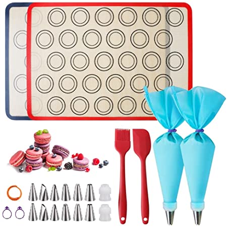 23 Pcs Silicone Macaron Cookies Baking Mats Kit Reusable Nonstick Liners for Food Safe with 2 Half Sheet Silicone Baking Mat,1Pastry Brush,1Spatula,12 Piping Tip, 1 Coupler,2 Piping Bag and 2 Bag Tie