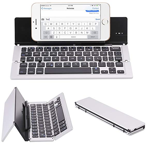 NOVT Foldable Aluminum Bluetooth Keyboard with Tablet/Phone Stand for iPhone x/8 Plus/8/7 Plus/7/6s,iPad 4/3/2, iPad Pro, iPad Air 2/1,iPad Mini 4/3/2, Samsung Galaxy Android Smart Phones (Silver)