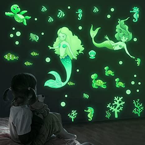 Marsway Glow in The Dark Mermaid Turtle Fish Hippocampus Decals Luminous Stickers for Bedroom Ceiling Kids Room Wall Kindergarten Decoration Mermaid