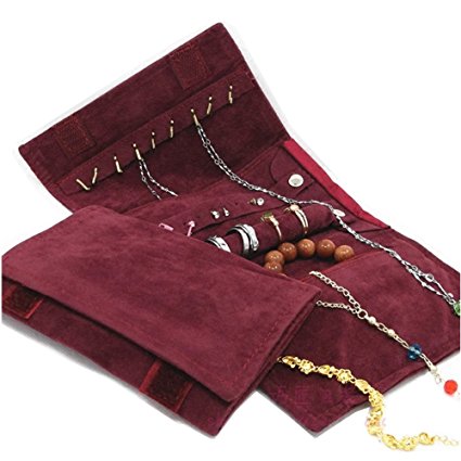 UnionPlus Small Velet Travel Jewelry Case Roll Bag Organizer for Necklace Bracelet Earrings Ring, Burgundy (Small Burgundy)