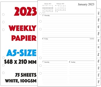 2023 Middle Year Weekly Diary Refill A5 Size for Filofax, Two Page Per Weekly, Monthly Tabs, Jan 2023 - Dec 2023