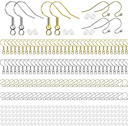 200PCS/100 Pairs Earring Hooks Silver & Gold Hypoallergenic Ball Dot French Fish Hook Ear Wires with 200PCS Silicone Clear Earring Backs for DIY Jewelry Making