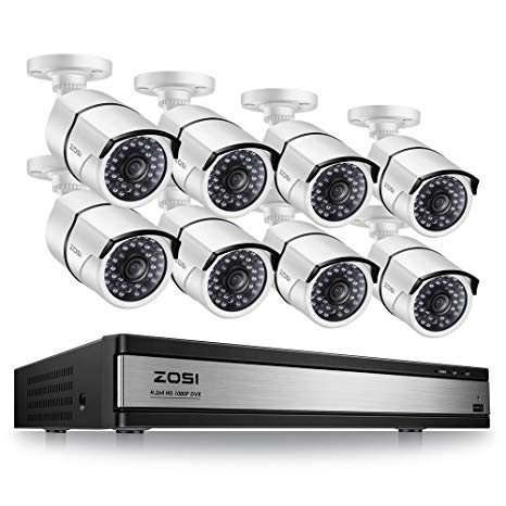 ZOSI 16 Channel 1080p Security System,16 Channel Full HD 1080p Hybrid DVR Recorder and 8 Outdoor/Indoor CCTV Bullet Camera 1080p with 100ft Long Night Vision and 105°Wide Angle (No Hard Drive)