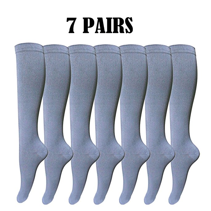 Mens/Womens Knee-High Graduated Compression Socks (7 Pack) - 15-20 mm Hg - Breathable - Prevent Fatigue/Swelling