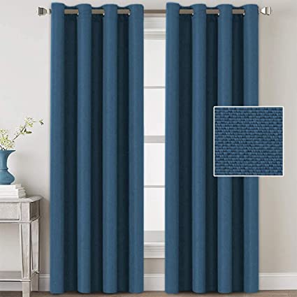 H.VERSAILTEX Linen Blackout Curtains 96 Inches Long for Bedroom/Living Room Thermal Insulated Grommet Curtain Drapes Primitive Textured Linen Burlab Effect Window Draperies 2 Panels - Navy