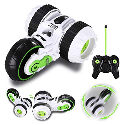 Remote Control Car, RC Stunt 360° Rotating Rolling Double-Sided 3WD Radio Control Cool Toy Vehicle Best Gifts for Boys and Girls Green White MKB(Battery Included)