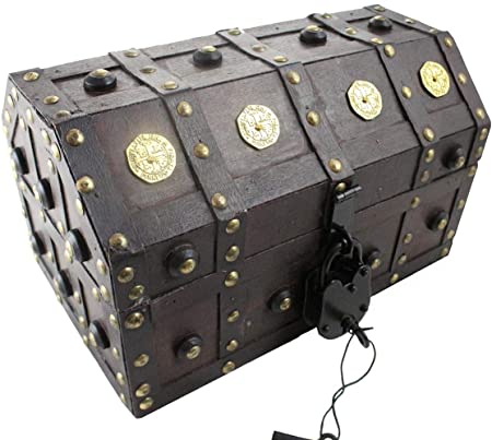 Well Pack Box Treasure Chest Pirate 11x 7x 6 Lock Skeleton Keys Doubloon Accents in Antique Cherry Stain (Small)