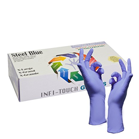 Infi-Touch, Nitrile Gloves, Powder Free, Hypoallergenic, 12" Length, Disposable, 6 mil Thickness, Steel Blue, (50 Gloves Count) (Extra Large)