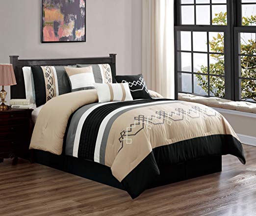 JBFF 7 Piece Oversized Luxury Embroidery Bed in Bag Microfiber Comforter Set Black Tan (Queen)