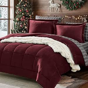 Plush Queen Comforter Set with Sheets Bed in a Bag, Burgundy Red Flannel Velvet Comforter Sets 7 Pieces, Soft Warm Winter Bedding Set with Comforter, Fitted&Flat Sheets, Pillowcases&Shams