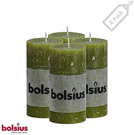 BOLSIUS Rustic Olive Green Unscented Pillar Candles -2" X 4" Decoration Candles Set of 4 - Clean Burning Dripless Dinner Candles for Wedding & Home Decor Party Restaurant Spa- Aprox (100X50m)