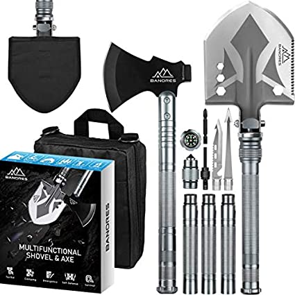 BANORES Camping Shovel Axe, Multifunctional Folding Shovel and Survival Axe Lengthened Handle High Carbon Stainless Steel with Storage Pouch for Camping, Hiking, Backpacking, Emergency