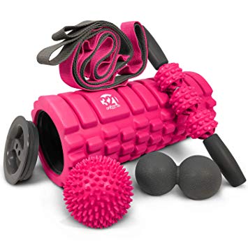 321 STRONG 5 in 1 Foam Roller Set Includes Hollow Core Massage Roller with End Caps, Muscle Roller Stick, Stretching Strap, Double Lacrosse Peanut, Spikey Plantar Fasciitis Ball, All in Giftable Box