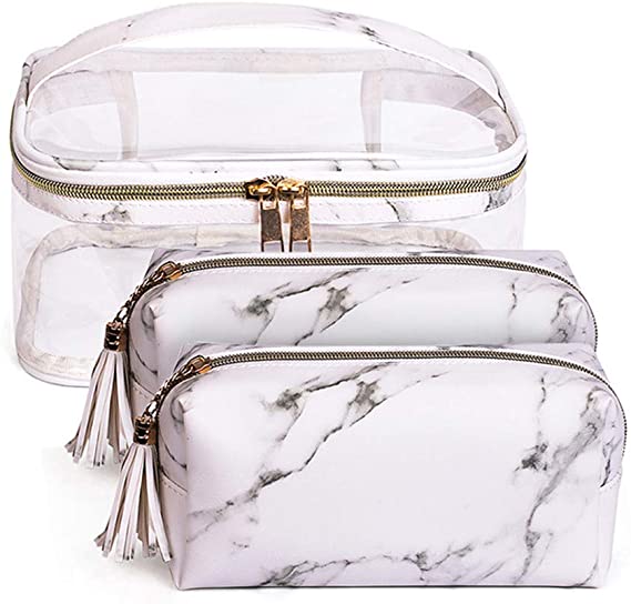 Yorgewd 3 Pack Marble Makeup Bag Portable Marble Travel Cosmetic Bag Waterproof Toiletry Bags Makeup Brushes Bag for Women Girls (Style-1) (Style-1)