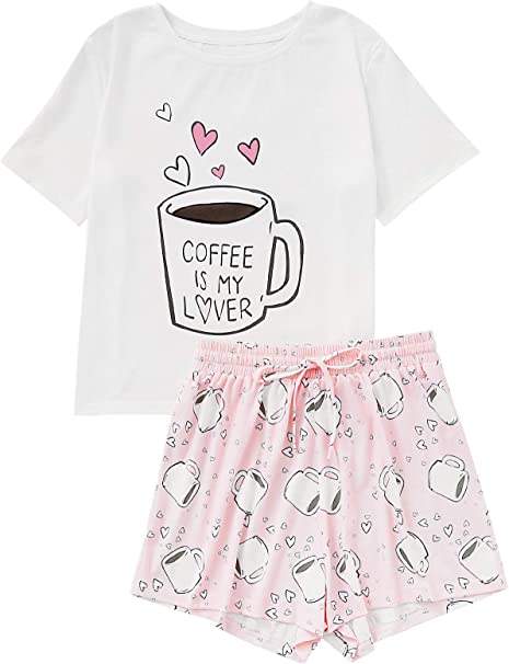 DIDK Women's Cute Cartoon Print Tee and Shorts Pajama Set