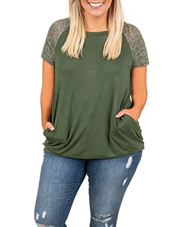 Womens Short Sleeve Plus Size Tops Raglan Baseball Tee Shirts Summer Striped Crewneck Tshirts Tunic