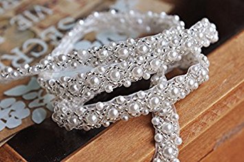 QueenDream Elegant Wedding Silver Rhinestone Applique with Pearls -2yard