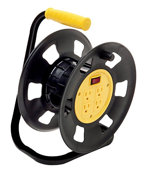 Designers Edge E230 Retractable Extension Cord Storage Reel, Multi-Outlet Adapter, Black/Yellow