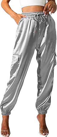 Women's Satin Cargo Joggers Pants Dressy Casual Silky Elastic High Waist Trousers