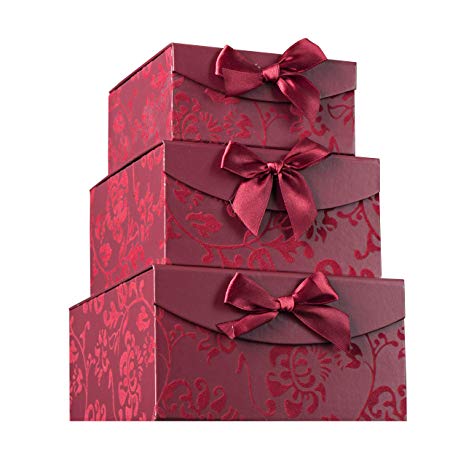 Hammont Burgundy Swirl Nesting Elegant Christmas Gift Boxes - Set of 3 - With Bows and Magnetic Closure for Party Wedding Gifts
