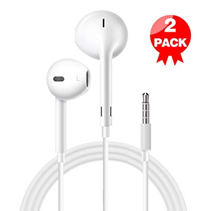 Earphones with Microphone [2 Pack] Premium Earbuds Stereo Headphones and Noise Isolating Headset Control for iPhone iPod iPad Samsung Galaxy S7 S8 and Android Phones (White)