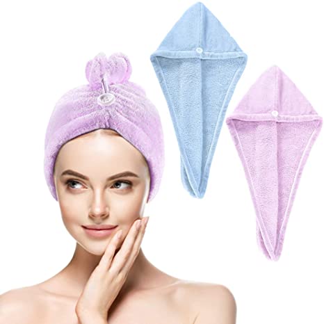 Buluri Hair Drying Towels,2 Pack Microfibre Towel Hair Turban Set Wrap Super Absorben Hair with Button Design for Women Wet/Long/Thick Hair