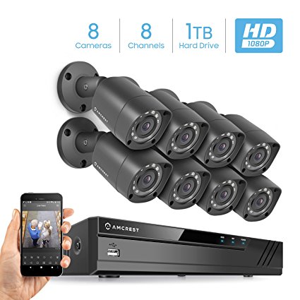 Amcrest Full-HD 1080P 8CH Video Security System w/ Eight 2.0MP (1920TVL) Outdoor IP67 Bullet Cameras, 66ft Night Vision, Pre-Installed 1TB HDD, (AMDV10818-8B-B-HDD)