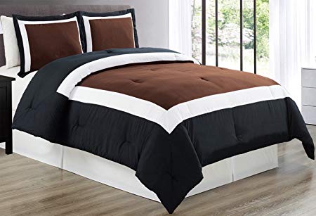 Grand Linen 3 piece BROWN/BLACK/WHITE Goose Down Alternative Color Block Comforter set, (Double) FULL size Microfiber bedding, Includes 1 Comforter and 2 Shams