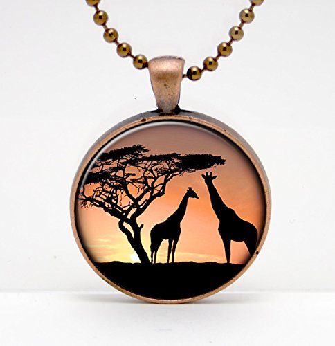 Giraffes at Sunset Photo Art Glass Pendant or Key Chain- 30 mm round- Chain Included- Made to Order