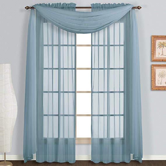 Avanti Home Elegance Solid Many Colors Window Scarf Valance Soft Sheer Voile Topper Swag Panel Curtain 37" x 216" Long Great as Kitchen Bathroom Bedroom Window Topper (1 Scarf: 37" x 216", Slate Blue)