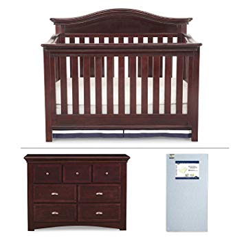 Nursery Furniture Set with Convertible Crib, Dresser and Crib Mattress by Simmons Kids - 3-Piece Augusta Collection in Molasses Brown