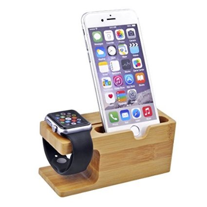 Apple Watch Stand Qcute Charging Dock Bamboo Wood Charge Station Cradle for Apple Watch and iPhone - Fits iPhone Models SE 5S  6  6 plus6s and both 42mm and 38mm sizes of 2015 Watch Models Bamboo Wood
