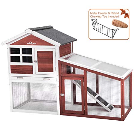 Aivituvin Rabbit Hutch Indoor or Outdoor - Wood Cage for Bunny/Guinea Pig with Run,Chicken Coop with Removable Tray,2 Storey