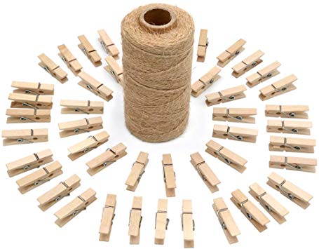 jijAcraft 100 Pcs Mini Natural Wooden Clothespins and 328 Feet Jute Twine,Baby Clothes Pins,3.5cm Craft Photo Clips for Home School Arts Crafts Decor