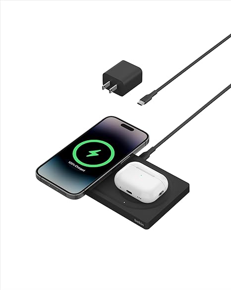 Belkin BoostCharge Pro 2-in-1 Wireless Charging Pad with MagSafe 15W, Fast Charging iPhone Charger Compatible with iPhone 14, 13, and 12 Series, AirPods, and Other MagSafe Enabled Devices - Black