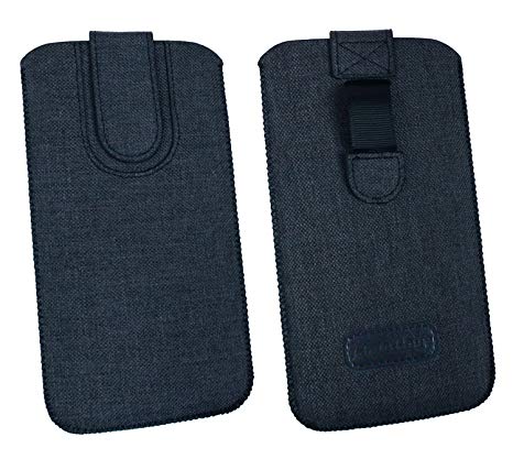 Emartbuy Dark Blue Premium Textured Fabric Slide in Pouch Case Cover Sleeve Holder (Size 4) With Pull Tab Mechanism Compatible With Smartphones Listed Below