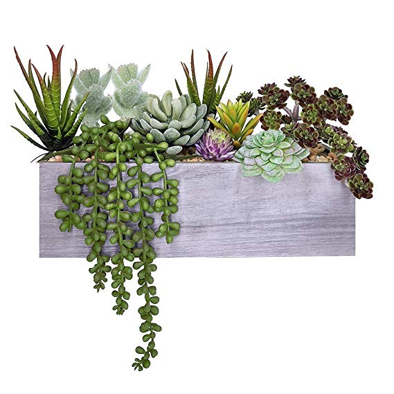 Supla Artificial Pre-Made Succulent Wood Planter Arrangement 10 Pcs Assorted Fake Succulent Plants in Rectangular Wooden Planter Box Faux Potted Succulents Centerpiece Succulent Garden