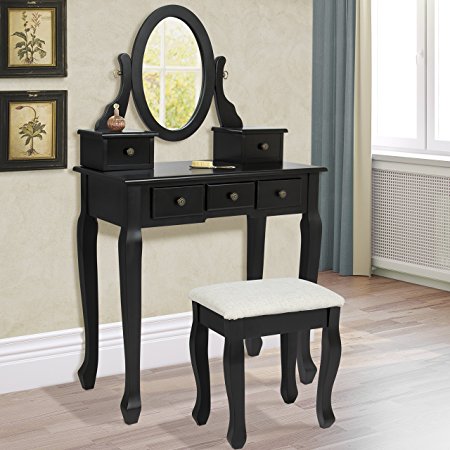 Best Choice Products Black Vanity Table Set Jewelry Armoire Makeup Desk Bench Drawer