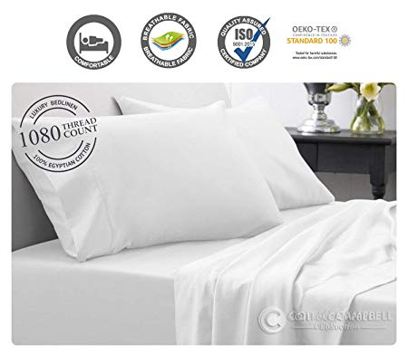 Coit & Campbell Premium Hotel Collection Oeko-TEX Certified Solid 1080 Thread Count Deep Pocket 100% Egyptian Cotton Sateen Sheet Set (White, King Size)