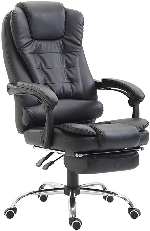 HOMCOM Executive PU Leather High Back Recliner Swivel Office Chair with Retractable Footrest (Black)