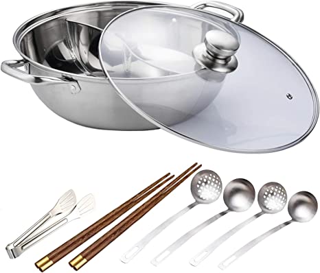 Stainless Steel Shabu Shabu Mongolian Hot Pot With Divider  10Pair Chopsticks 3Food Tongs  2 Pair Scoops Strainer