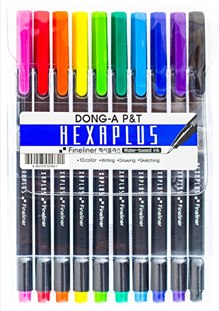DONG-A Hexaplus Fineliner Pens 0.4mm 10 Color Set