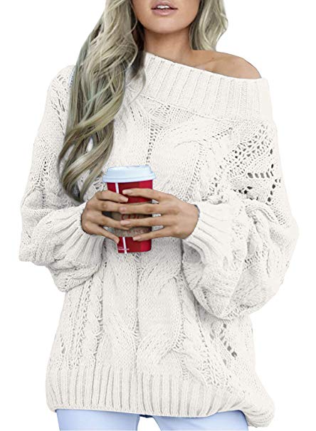 FIYOTE Womens Casual One Shoulder Long Sleeve Chunky Winter Warm Knit Pullover Sweater Tops S-XL