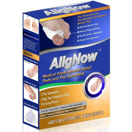 AligNow - Bunion Relief Pack - 2 Bunion Pads  2 Toe Spacers Pouch - For Pain Relief and Proper Toe Alignment - Normal Size Shoe Size 5-10