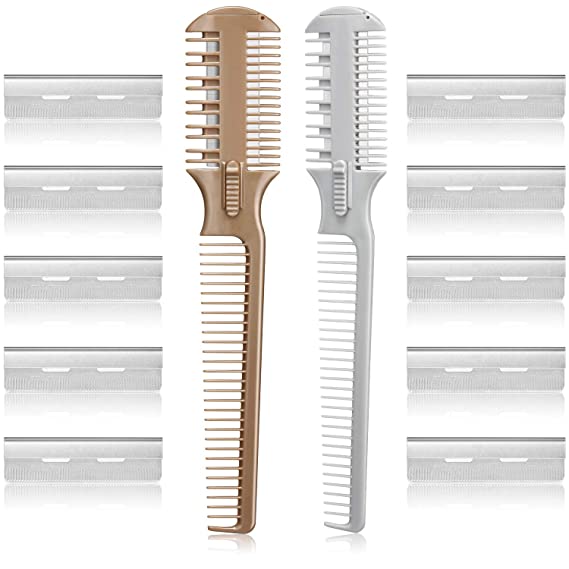 2 Pieces Hair Cutter Comb Double Sided Hair Razor Comb Hair Thinning Cutting Comb Hair Styling Razor Scissor Combs with 10 Pieces Stainless Steel Blade Replacement for Hair Thinning Cutting Styling