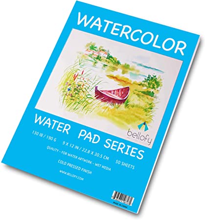 Bellofy 50 Sheet Watercolor Paper Pad - 130 Ib / 190 GSM Weight - 9X12 in Size - Cold Press Paper - Water Painting Art Notebook Pad
