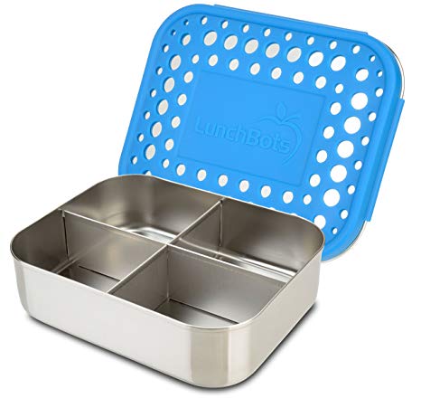 LunchBots Quad Stainless Steel Food Container - Four Section Design Perfect for Healthy Snacks, Sides, or Finger Foods On the Go - Eco-Friendly, Dishwasher Safe and BPA-Free - Royal Dots