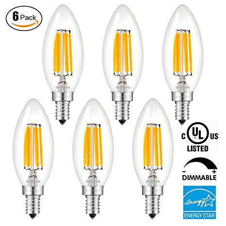 SUNMEG 6W Dimmable Chandelier Bulb, 600LM LED Filament Candle Light Bulbs, 2700K Warm White, 60W Incandescent Replacement, E12 Candelabra Base B11 LED Light Bulb (C35 6W 6 Pack)